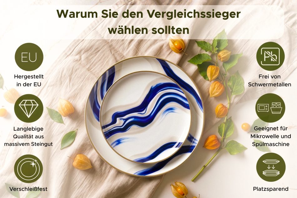 DALLI Essgeschirr-Set Wellen im skandinavischen Stil 6 Personen (18 Stück) blau/beige/olivgrün blau/beige/olivgrün - Foto 14
