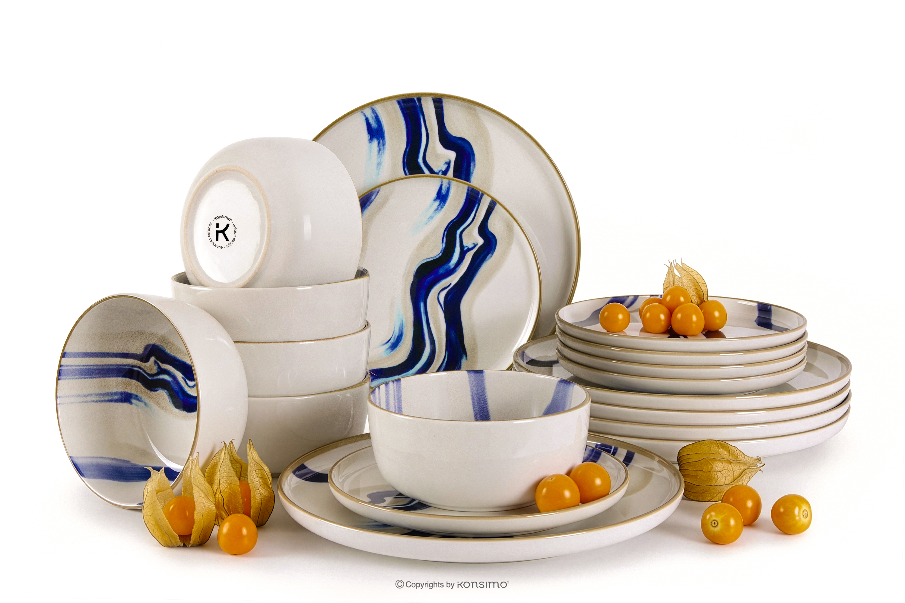 Essgeschirr-Set im skandinavischen Stil 6 Personen (18 Stück) blau/beige/olivgrün