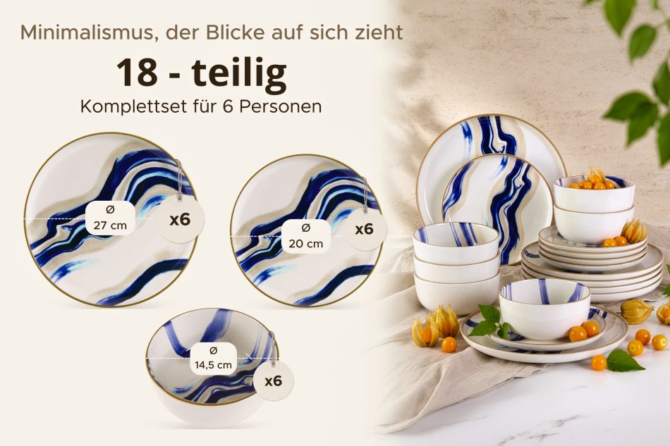 DALLI Essgeschirr-Set im skandinavischen Stil 6 Personen (18 Stück) blau/beige/olivgrün blau/beige/olivgrün - Foto 8