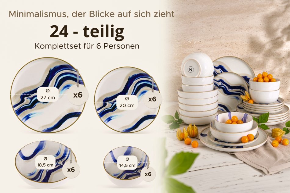 DALLI Essgeschirr-Set Wellen im skandinavischen Stil 6 Personen (24 Stück) blau/beige/olivgrün blau/beige/olivgrün - Foto 10