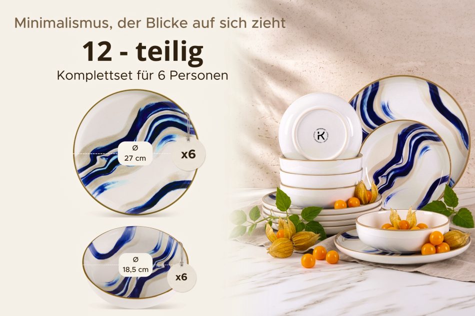 DALLI Essgeschirr-Set im skandinavischen Stil 6 Personen (12 Stück) blau/beige/olivgrün blau/beige/olivgrün - Foto 6