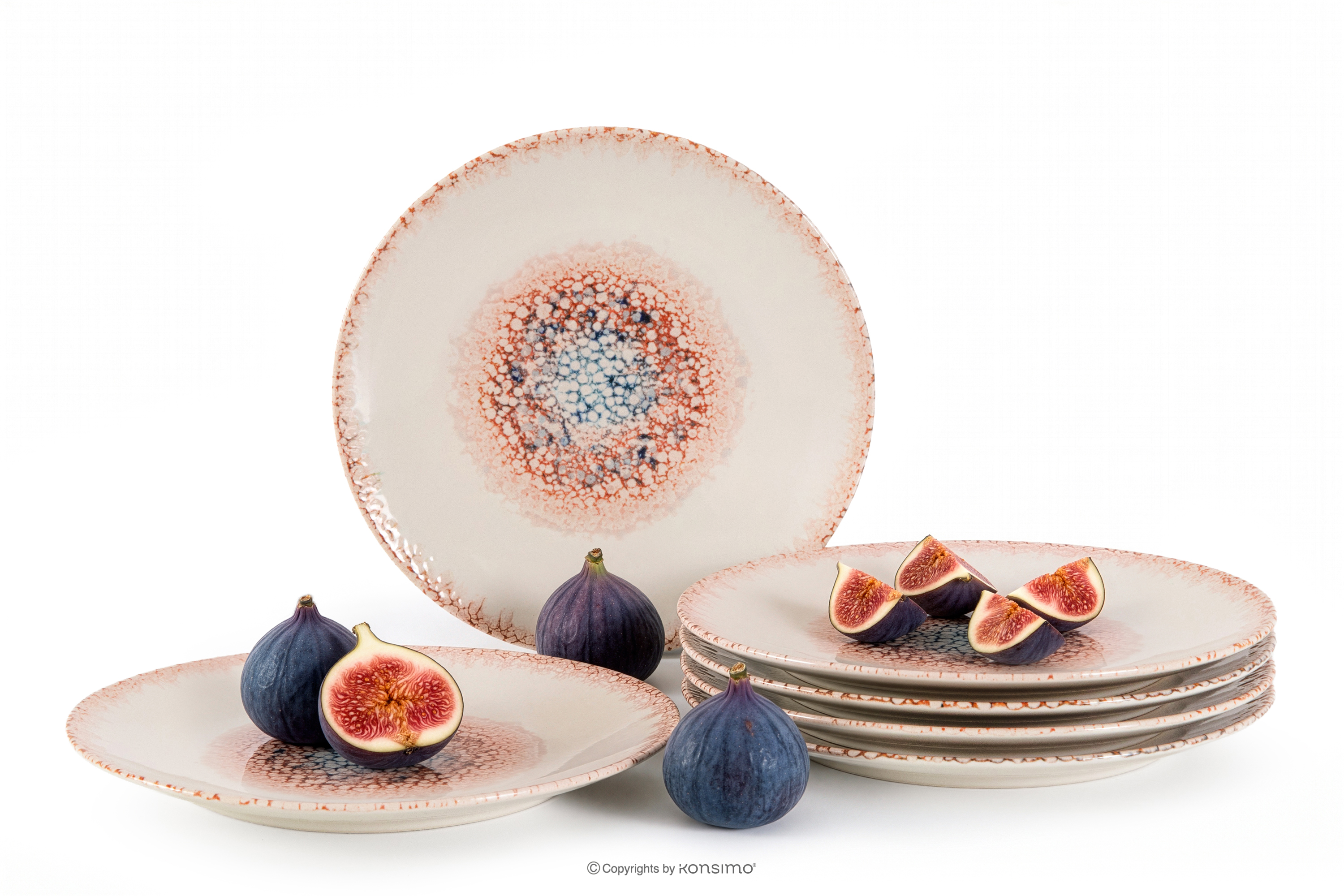 Speiseteller mediterraner Stil 6 Stück korallenfarben/beige/blau