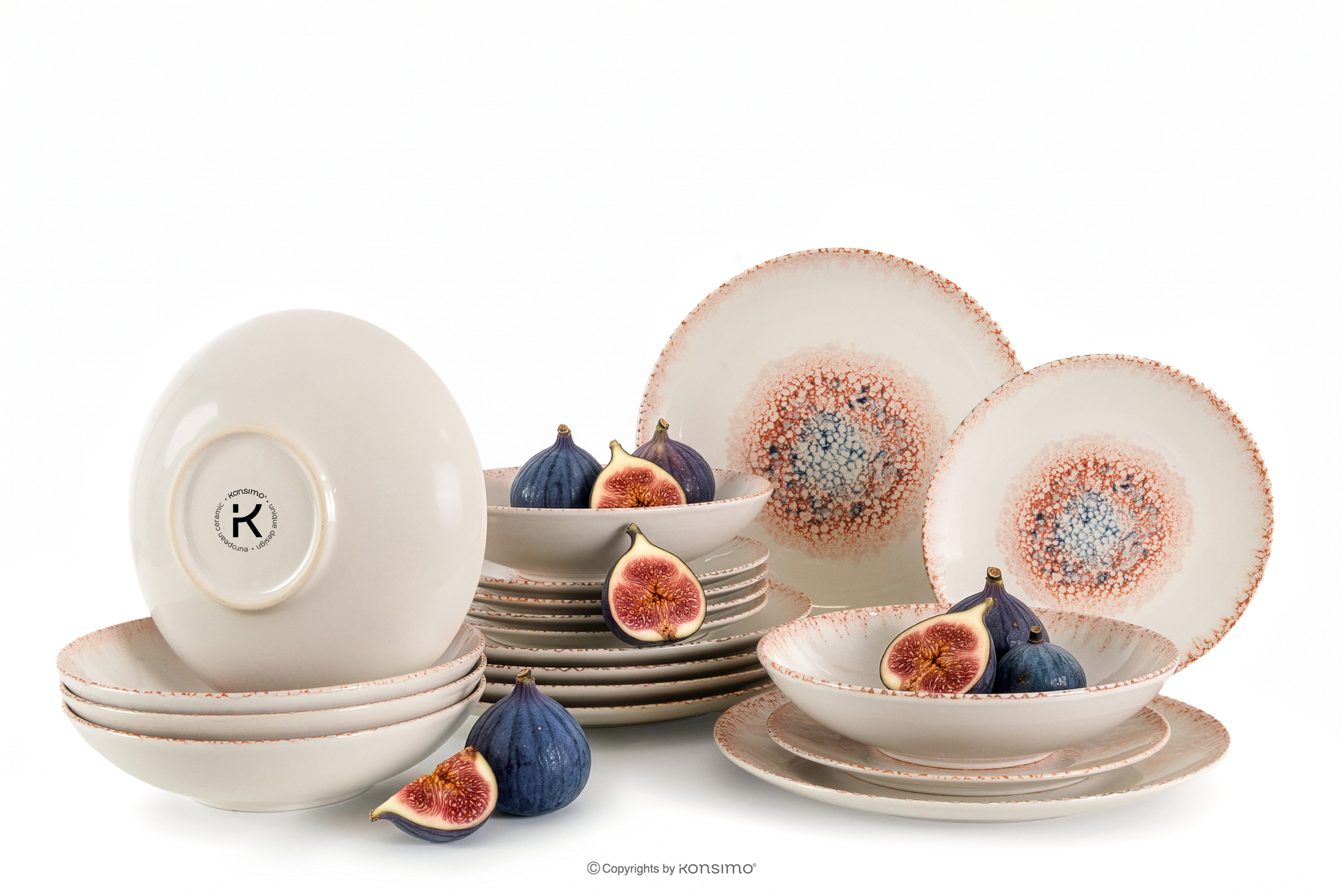 Essgeschirr-Set mediterraner Stil 6 Personen (18 Stück) korallenfarben/beige/blau
