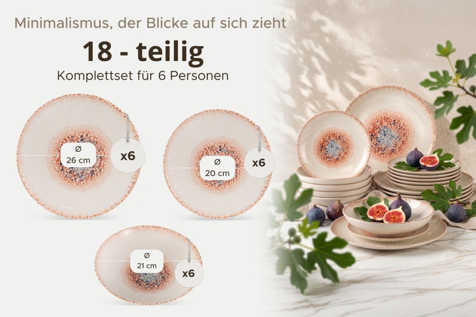 AMITA Essgeschirr-Set mediterraner Stil 6 Personen (18 Stück) korallenfarben/beige/blau korallenfarben/beige/blau - Foto 8