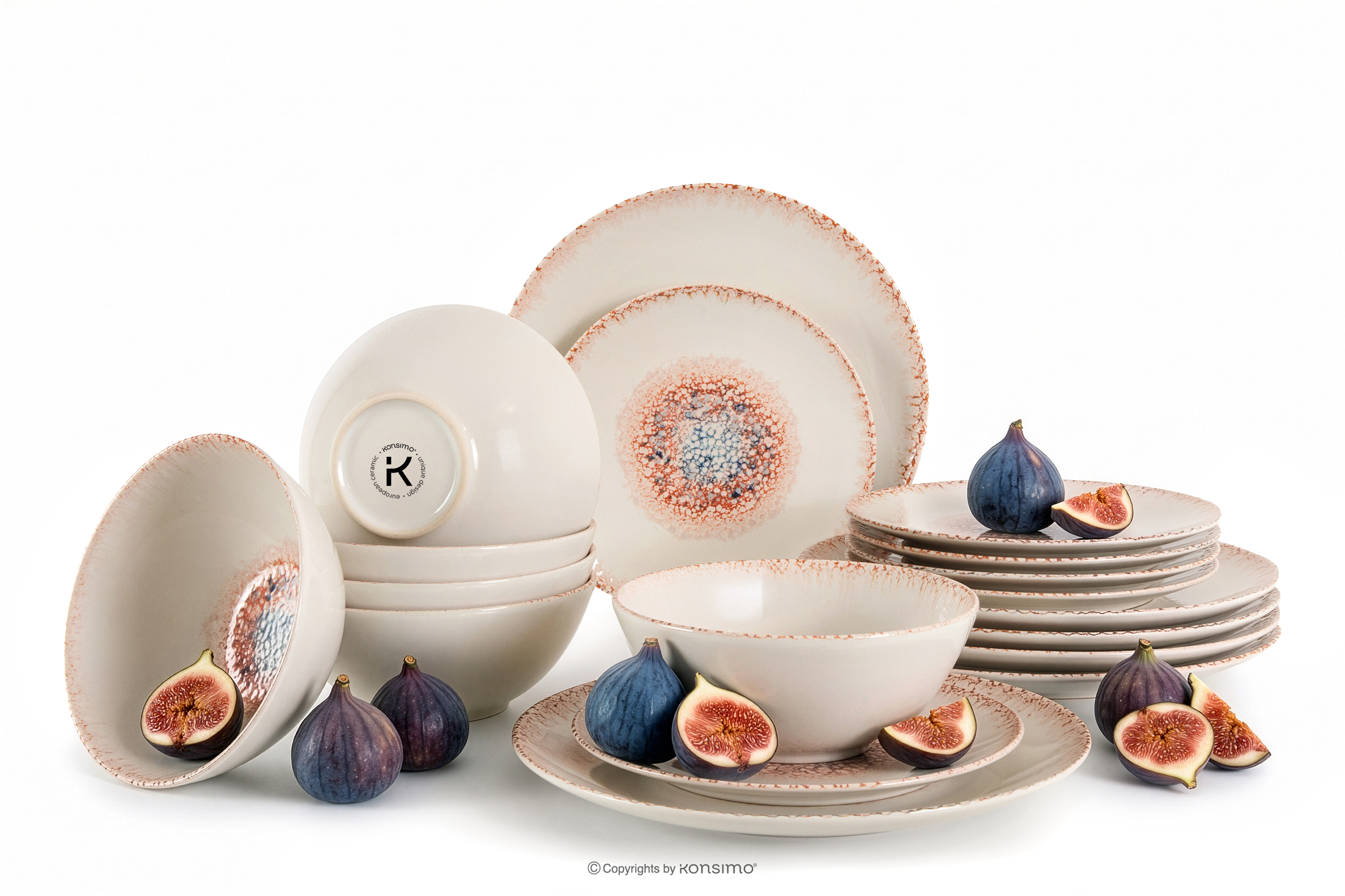 Essgeschirr-Set im mediterranen Stil 6 Personen (18 Stück) korallenfarben/beige/blau