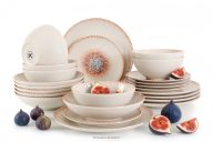 Essgeschirr-Set mediterraner Stil 6 Personen (24 Stück) korallenfarben/beige/blau