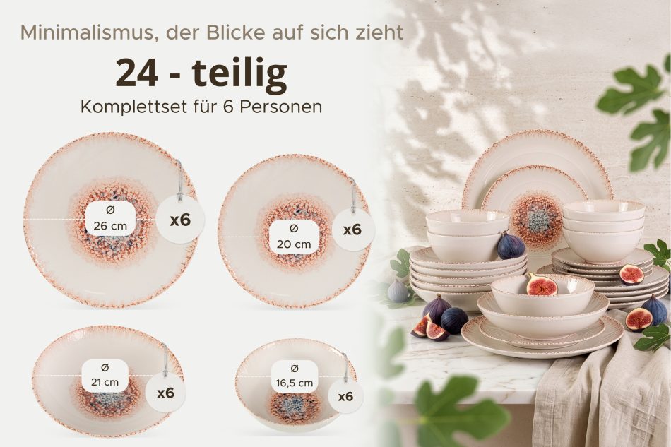 AMITA Essgeschirr-Set mediterraner Stil 6 Personen (24 Stück) korallenfarben/beige/blau korallenfarben/beige/blau - Foto 10