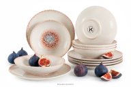 Essgeschirr-Set mediterraner Stil 6 Personen (12 Stück) korallenfarben/beige/blau