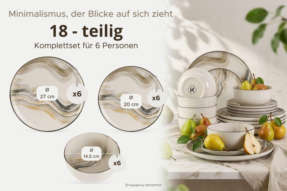 SALVA Essgeschirr-Set nordischer Stil 6 Personen (18 Stück) grau/sandfarben/beige grau/sandfarben/beige - Foto 8