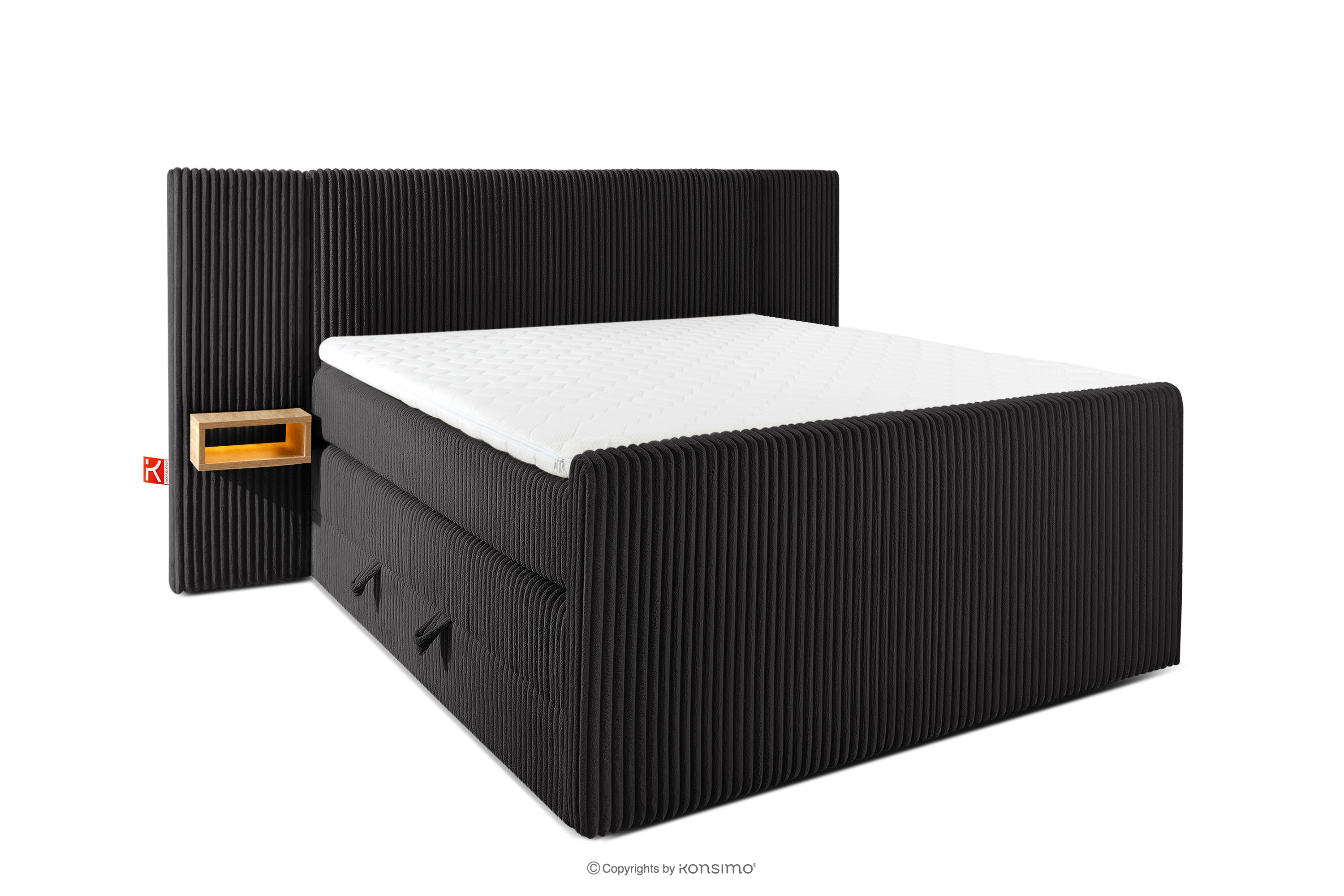 Boxspringbett mit LED-Nachttischen Doppelzimmer mittelhart 140 cm Doppelmatratze + HR-Topper Cordstoff schwarz