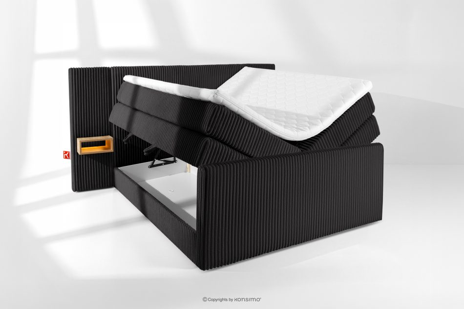 LILIUM PRO Boxspringbett mit LED-Nachttischen Doppelzimmer mittelhart 140 cm Doppelmatratze + HR-Topper Cordstoff schwarz schwarz - Foto 8