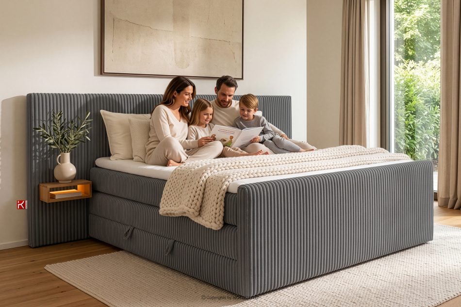 LILIUM PRO Boxspringbett mit LED-Nachttischen Doppelzimmer mittelhart 140 cm Doppelmatratze + HR-Topper Cordstoff grau grau - Foto 22