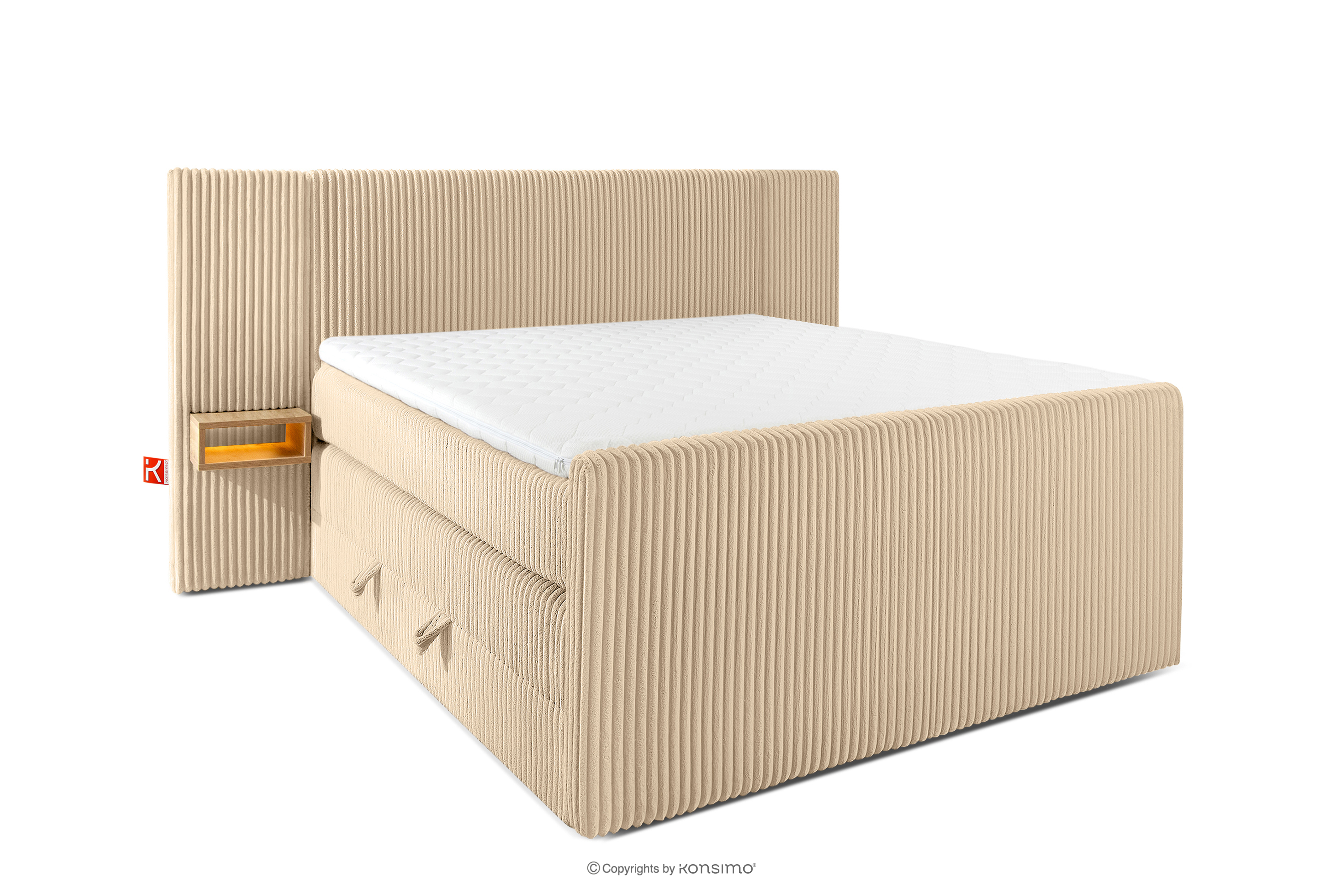 Boxspringbett mit LED-Nachttischen Doppelzimmer mittelhart 140 cm Doppelmatratze + HR-Topper Cordstoff sandfarben