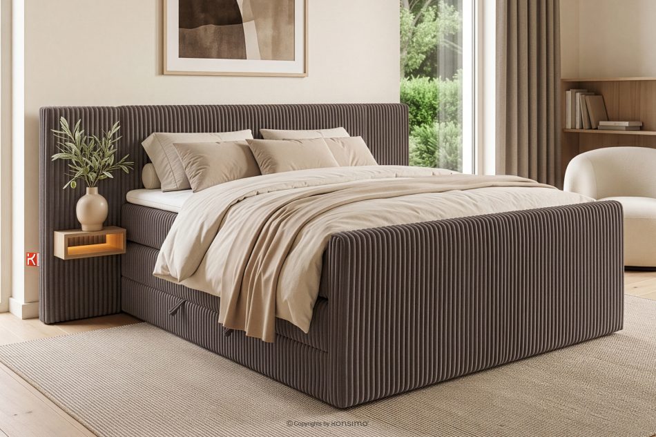 LILIUM PRO Boxspringbett mit LED-Nachttischen Doppelzimmer mittelhart 140 cm Doppelmatratze + HR-Topper Cordstoff in Braun braun - Foto 21