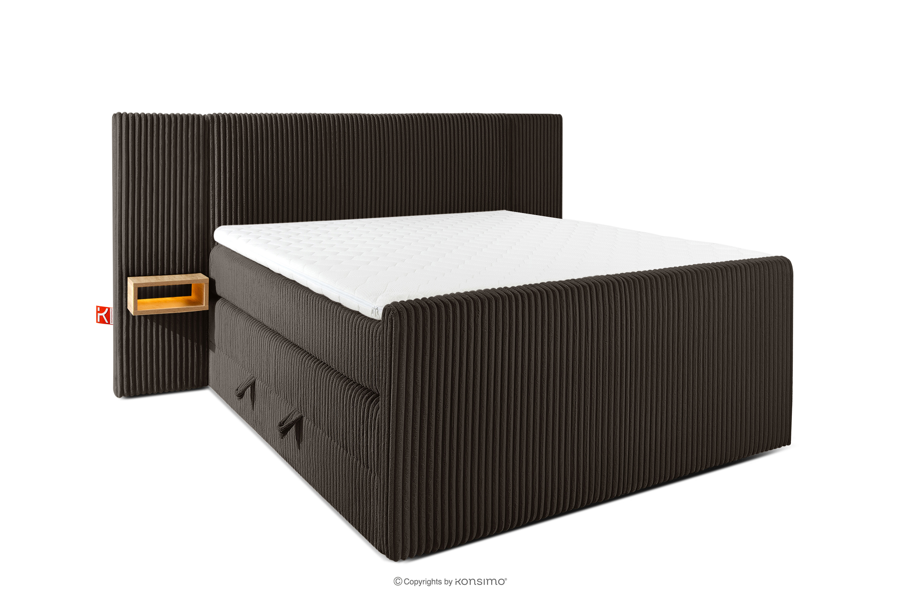 Boxspringbett mit LED-Nachttischen Doppelzimmer mittelhart 140 cm Doppelmatratze + HR-Topper Cordstoff in Dunkelbraun
