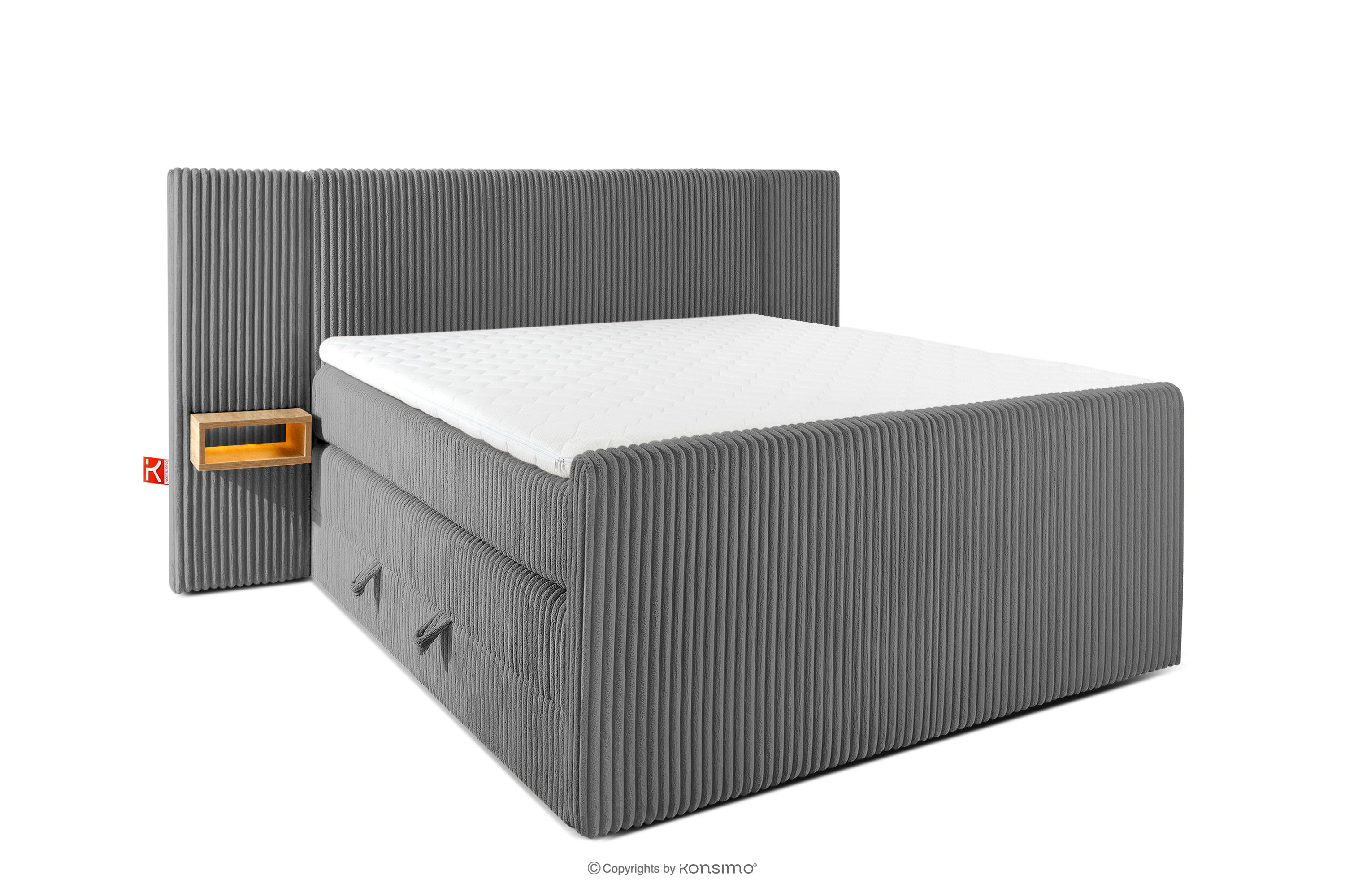 Boxspringbett mit LED-Nachttischen Doppelzimmer mittelhart 140 cm Doppelmatratze + Visco-Topper Cordstoff grau