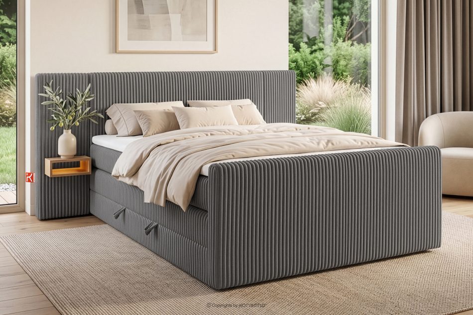 LILIUM PRO Boxspringbett mit LED-Nachttischen Doppelzimmer mittelhart 140 cm Doppelmatratze + Visco-Topper Cordstoff grau grau - Foto 21