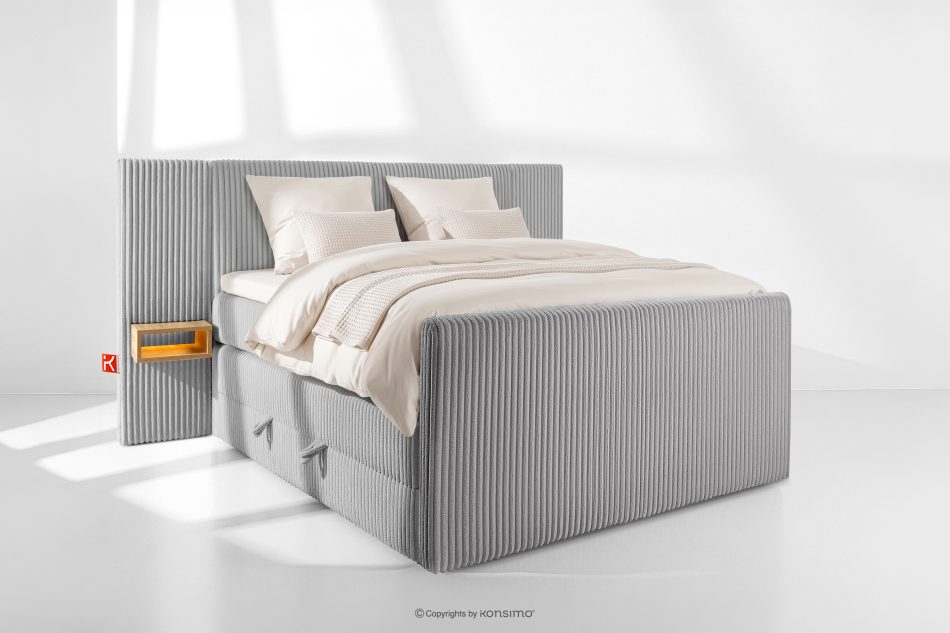 LILIUM PRO Boxspringbett mit LED-Nachttischen Doppelzimmer mittelhart 140 cm Doppelmatratze + Visco-Topper Cordstoff hellgrau hellgrau - Foto 1