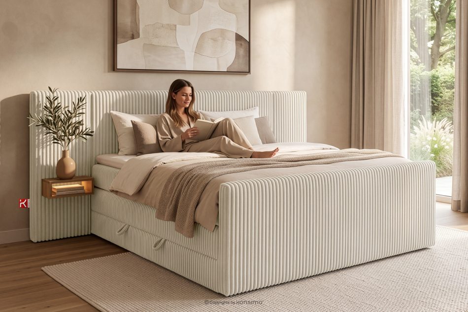 LILIUM PRO Boxspringbett mit LED-Nachttischen Doppelzimmer mittelhart 140 cm Doppelmatratze + Visco-Topper Cordstoff weiß/ecru weiß/ecru - Foto 22