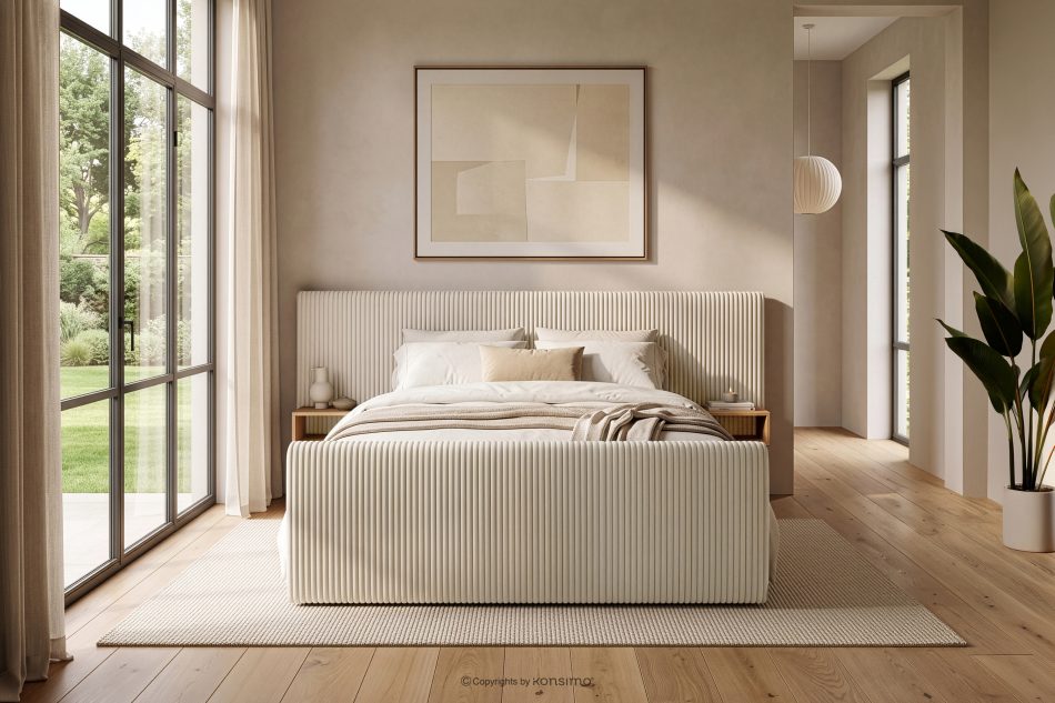 LILIUM PRO Boxspringbett mit LED-Nachttischen Doppelzimmer mittelhart 140 cm Doppelmatratze + Visco-Topper Cordstoff weiß/ecru weiß/ecru - Foto 23