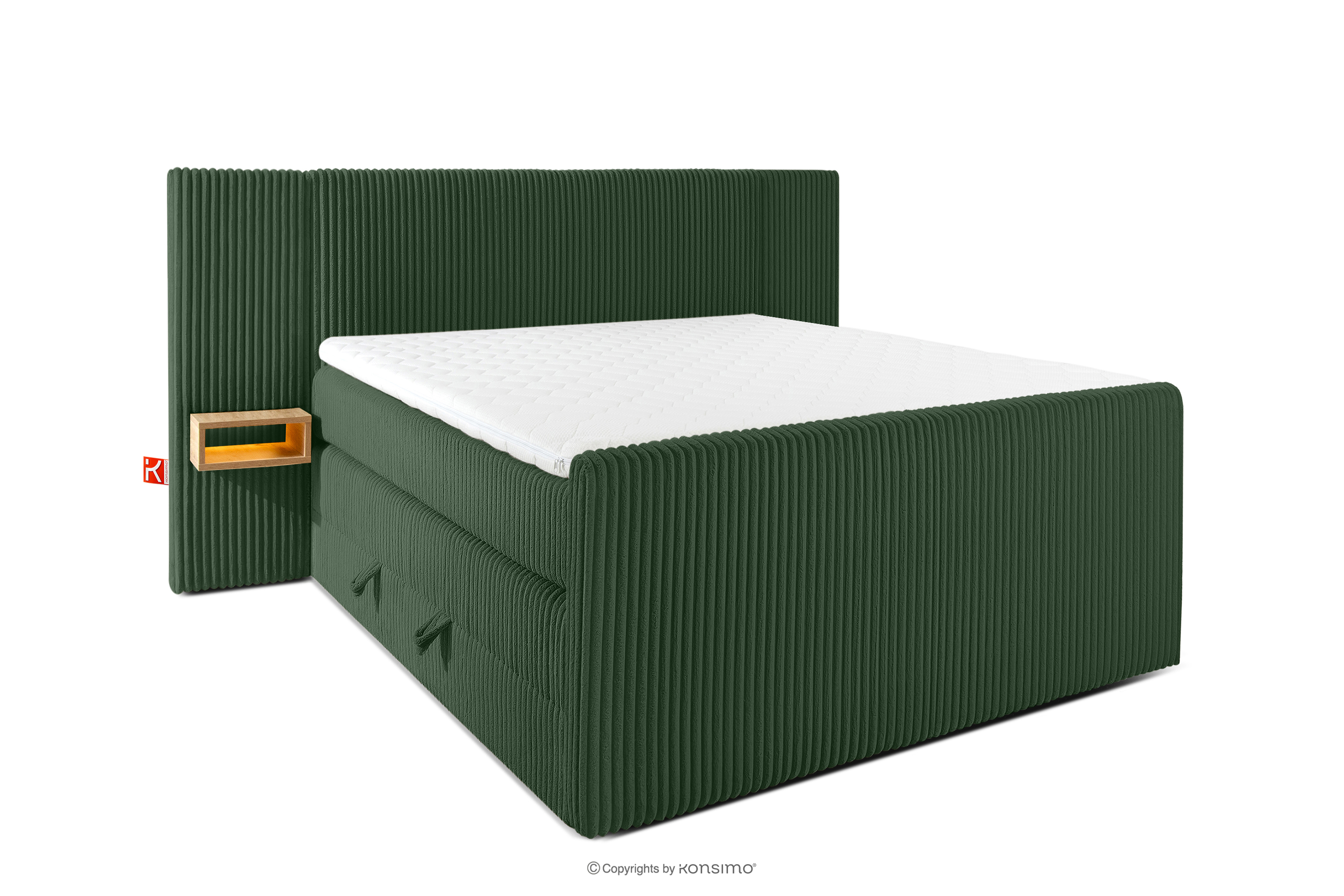 Boxspringbett mit LED-Nachttischen Doppelzimmer mittelhart 140 cm Doppelmatratze + Visco-Topper Cordstoff in Dunkelgrün