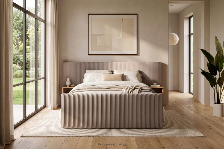 LILIUM PRO Boxspringbett mit LED-Nachttischen Doppelzimmer mittelhart 140 cm Doppelmatratze + Visco-Topper Cordstoff in Taupe taupe - Foto 23