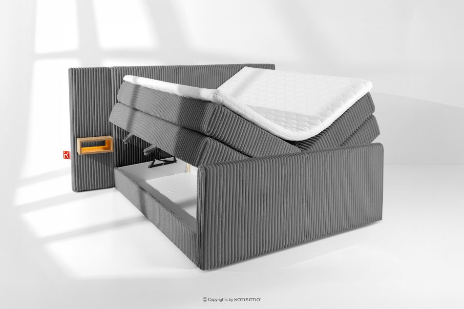 LILIUM PRO Boxspringbett mit LED-Nachttischen Doppelzimmer hart 140 cm Doppelmatratze + HR-Topper Cordstoff grau grau - Foto 8