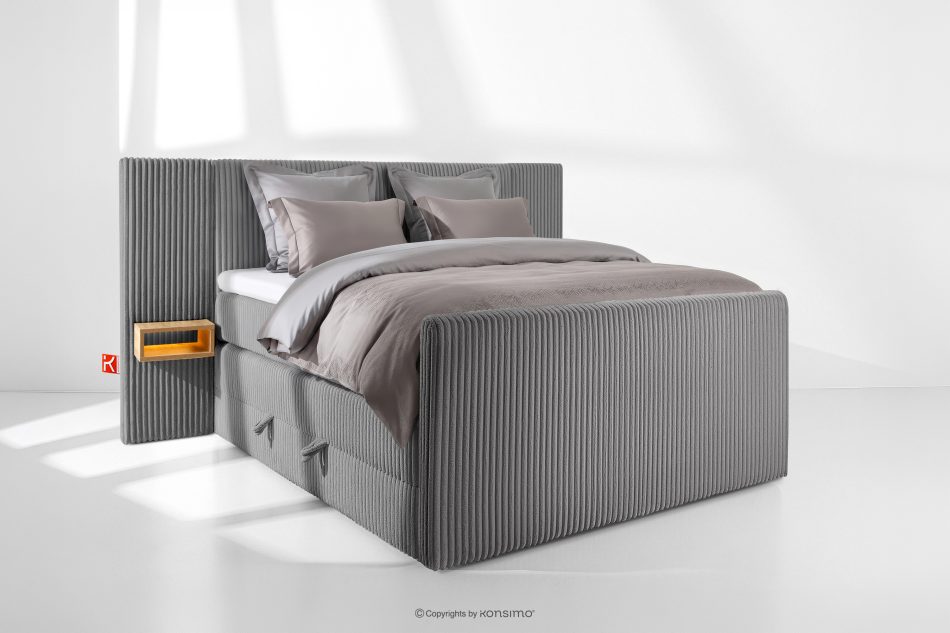 LILIUM PRO Boxspringbett mit LED-Nachttischen Doppelzimmer hart 140 cm Doppelmatratze + HR-Topper Cordstoff grau grau - Foto 1
