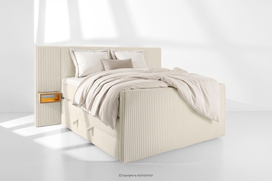 LILIUM PRO Boxspringbett mit LED-Nachttischen Doppelzimmer hart 140 cm Doppelmatratze + HR-Topper Cordstoff weiß/ecru weiß/ecru - Foto 1
