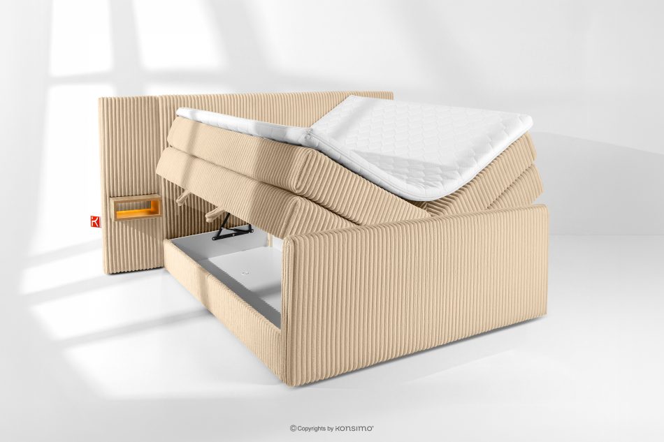 LILIUM PRO Boxspringbett mit LED-Nachttischen Doppelzimmer hart 140 cm Doppelmatratze + HR-Topper Cordstoff in Sand sandfarben - Foto 8