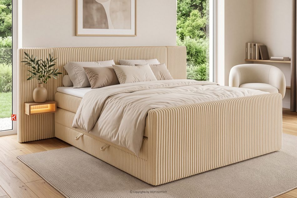 LILIUM PRO Boxspringbett mit LED-Nachttischen Doppelzimmer hart 140 cm Doppelmatratze + HR-Topper Cordstoff in Sand sandfarben - Foto 21