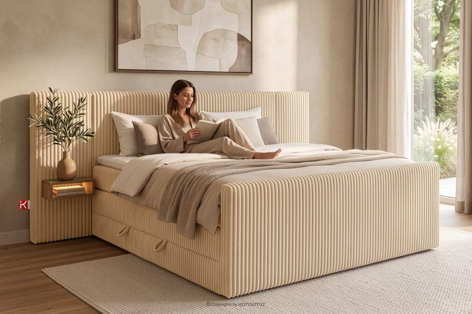 LILIUM PRO Boxspringbett mit LED-Nachttischen Doppelzimmer hart 140 cm Doppelmatratze + HR-Topper Cordstoff in Sand sandfarben - Foto 22
