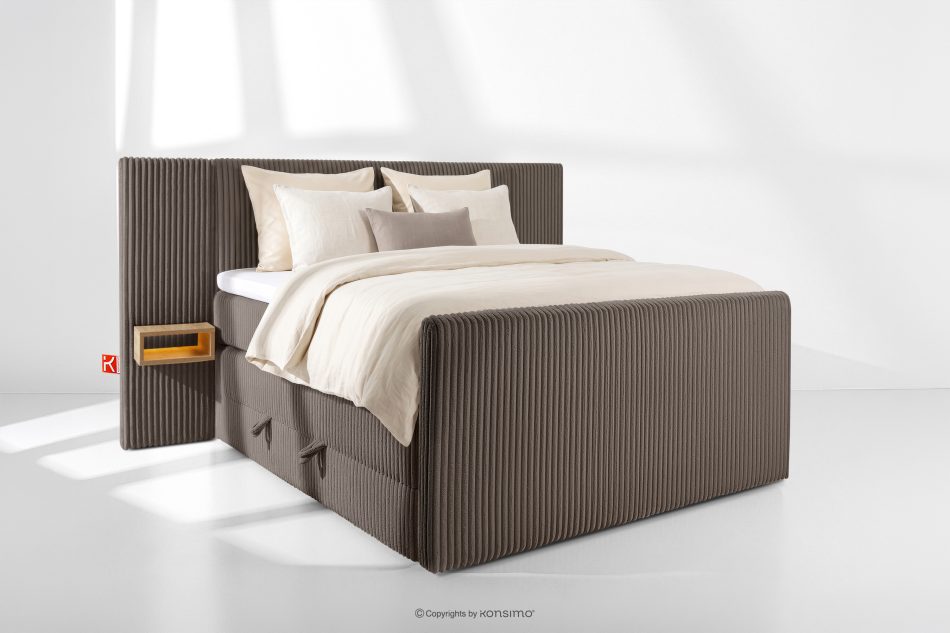 LILIUM PRO Boxspringbett mit LED-Nachttischen Doppelzimmer hart 140 cm Doppelmatratze + HR-Topper Cordstoff in Braun braun - Foto 1