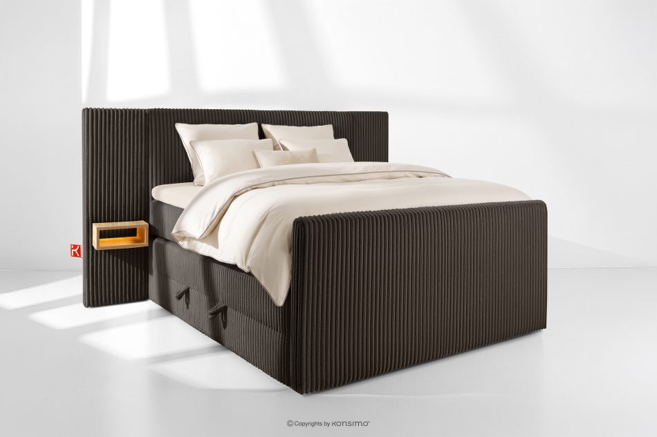 LILIUM PRO Boxspringbett mit LED-Nachttischen Doppelzimmer hart 140 cm Doppelmatratze + HR-Topper Cordstoff dunkelbraun dunkelbraun - Foto 1