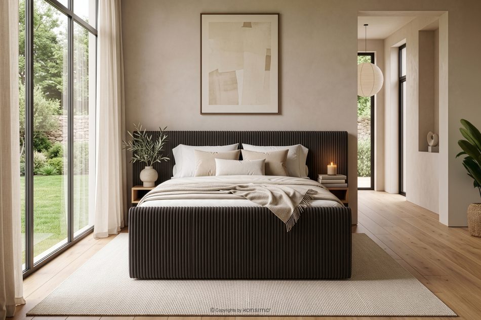 LILIUM PRO Boxspringbett mit LED-Nachttischen Doppelzimmer hart 140 cm Doppelmatratze + HR-Topper Cordstoff dunkelbraun dunkelbraun - Foto 23