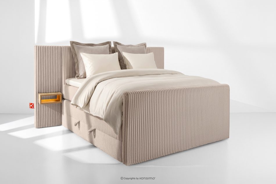 LILIUM PRO Boxspringbett mit LED-Nachttischen Doppelzimmer hart 140 cm Doppelmatratze + HR-Topper Cordstoff in Taupe taupe - Foto 1