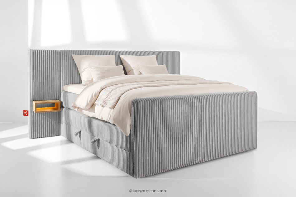 LILIUM PRO Boxspringbett mit LED-Nachttischen Doppelzimmer mittelhart 160 cm Doppelmatratze + HR-Topper Cordstoff in Hellgrau hellgrau - Foto 1