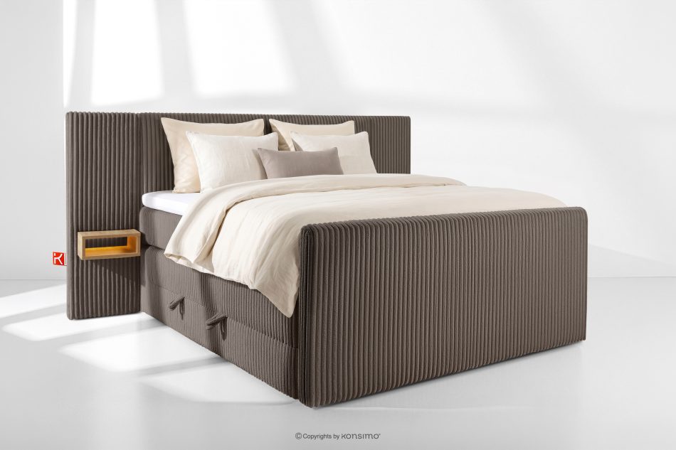 LILIUM PRO Boxspringbett mit LED-Nachttischen Doppelzimmer mittelhart 160 cm Doppelmatratze + HR-Topper Cordstoff in Braun braun - Foto 1