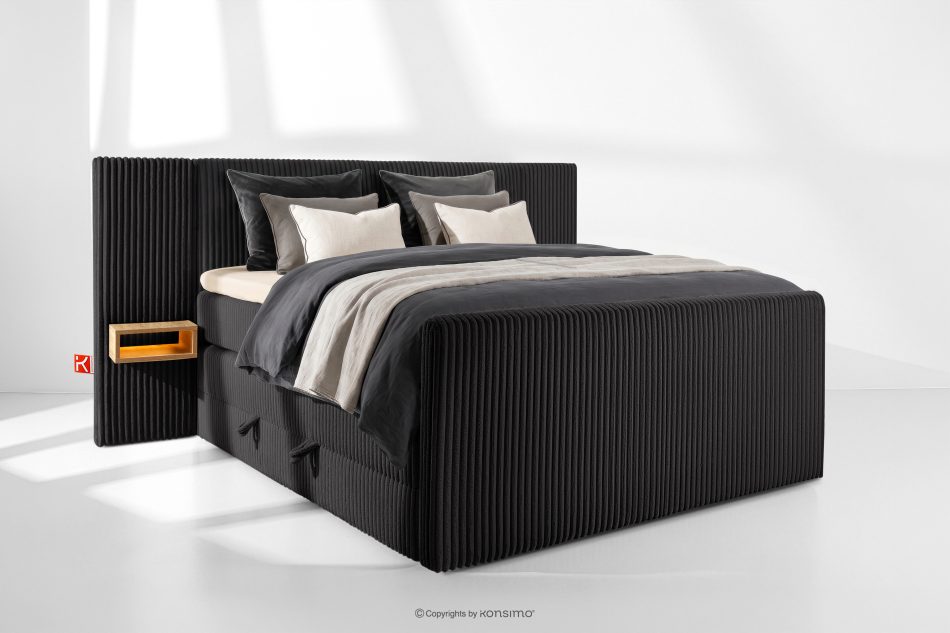 LILIUM PRO Boxspringbett mit LED-Nachttischen Doppelzimmer mittelhart 160 cm Doppelmatratze + Visco-Topper Cordstoff schwarz schwarz - Foto 1