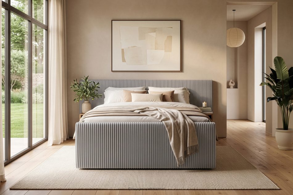 LILIUM PRO Boxspringbett mit LED-Nachttischen Doppelzimmer mittelhart 160 cm Doppelmatratze + Visco-Topper Cordstoff hellgrau hellgrau - Foto 23