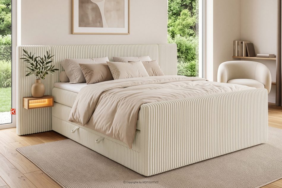 LILIUM PRO Boxspringbett mit LED-Nachttischen Doppelzimmer mittelhart 160 cm Doppelmatratze + Visco-Topper Cordstoff weiß/ecru weiß/ecru - Foto 21