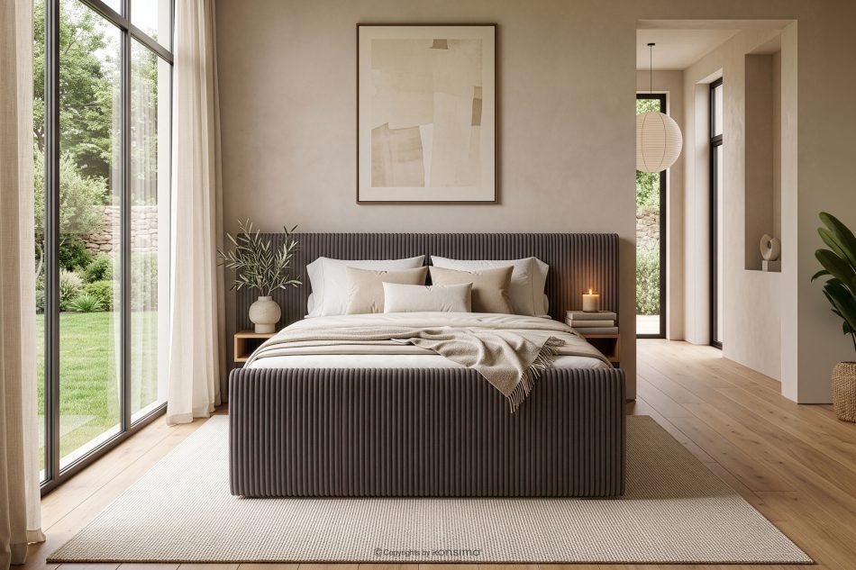 LILIUM PRO Boxspringbett mit LED-Nachttischen Doppelzimmer mittelhart 160 cm Doppelmatratze + Visco-Topper Cordstoff braun braun - Foto 23