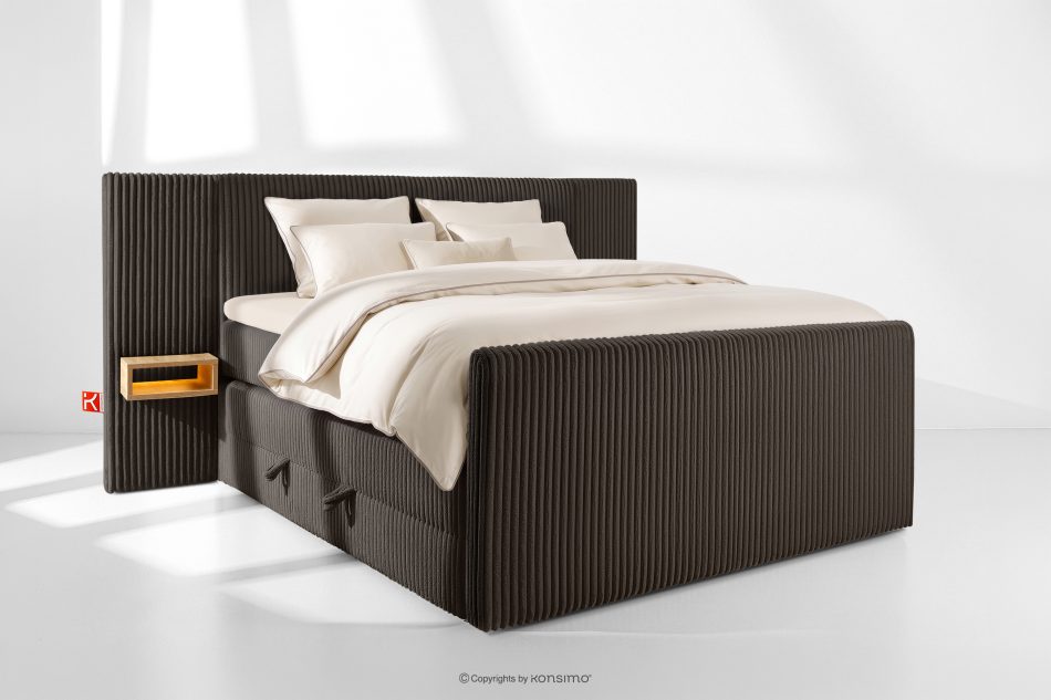 LILIUM PRO Boxspringbett mit LED-Nachttischen Doppelzimmer mittelhart 160 cm Doppelmatratze + Visco-Topper Cordstoff in Dunkelbraun dunkelbraun - Foto 1