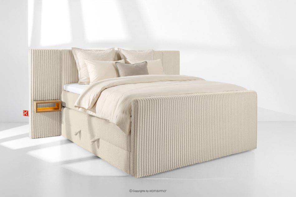 LILIUM PRO Boxspringbett mit LED-Nachttischen Doppelzimmer hart 160 cm Doppelmatratze + HR-Topper Cordstoff beige beige - Foto 1