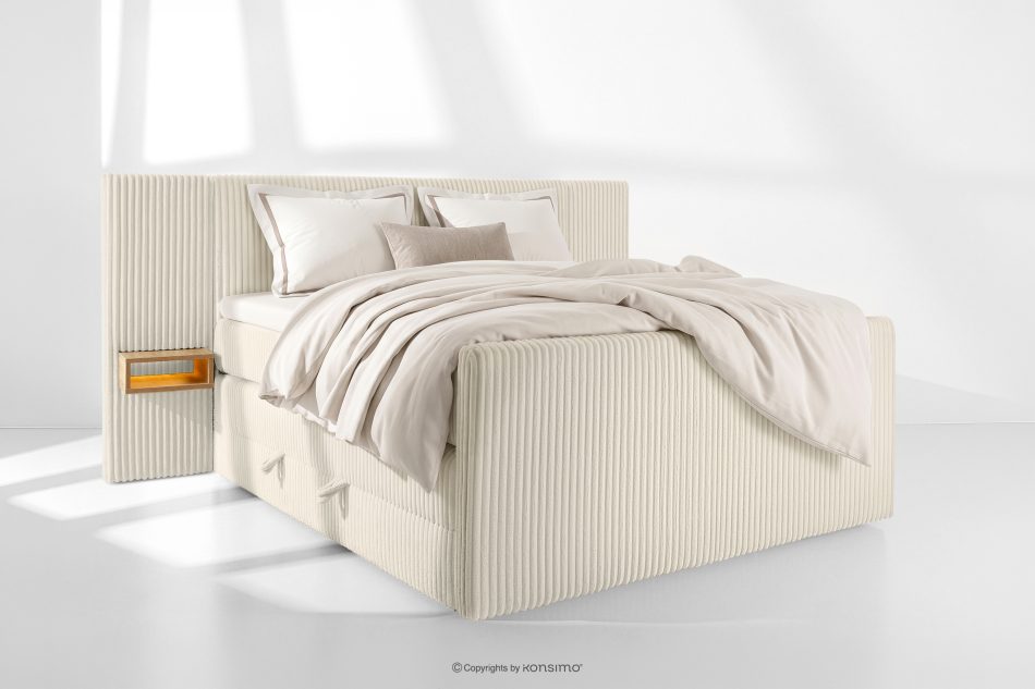 LILIUM PRO Boxspringbett mit LED-Nachttischen Doppelzimmer hart 160 cm Doppelmatratze + Visco-Topper Cordstoff weiß/ecru weiß/ecru - Foto 1