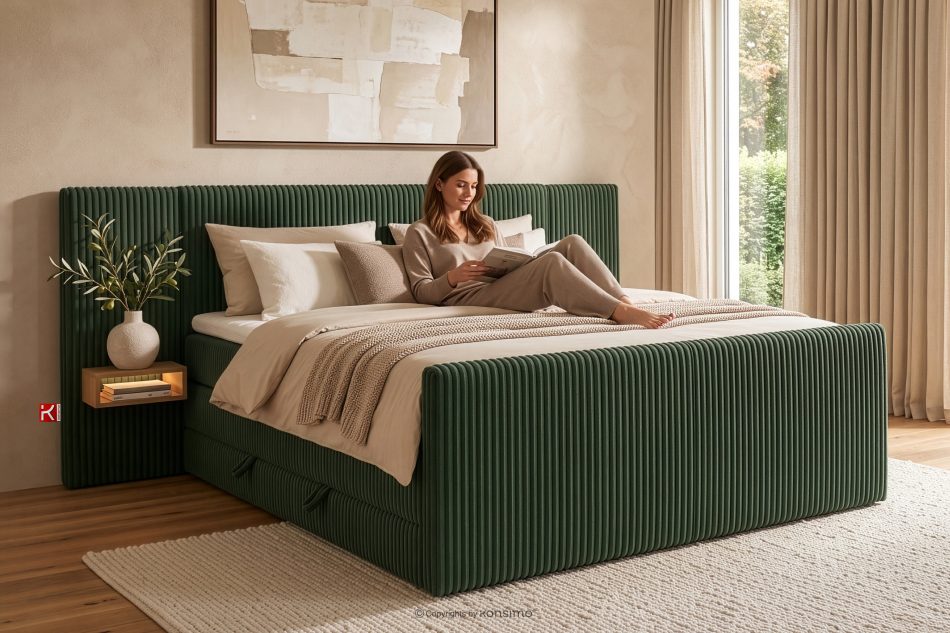 LILIUM PRO Boxspringbett mit LED-Nachttischen Doppelzimmer hart 160 cm Doppelmatratze + Visco-Topper Cordstoff dunkelgrün dunkelgrün - Foto 22