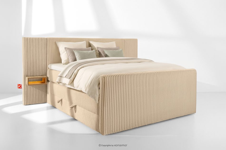 LILIUM PRO Boxspringbett mit LED-Nachttischen Doppelzimmer hart 160 cm Doppelmatratze + Visco-Topper Cordstoff sandfarben sandfarben - Foto 1