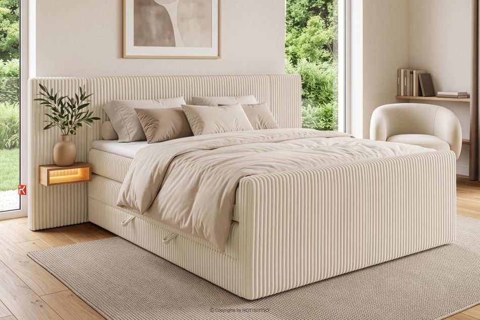 LILIUM PRO Boxspringbett mit LED-Nachttischen Doppelzimmer hart 160 cm Doppelmatratze + Visco-Topper Cordstoff beige beige - Foto 21