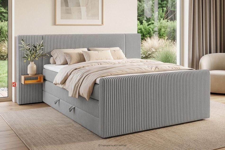 LILIUM PRO Boxspringbett mit LED-Nachttischen Doppelzimmer mittelhart 180 cm Doppelmatratze + HR-Topper Cordstoff in Hellgrau hellgrau - Foto 21