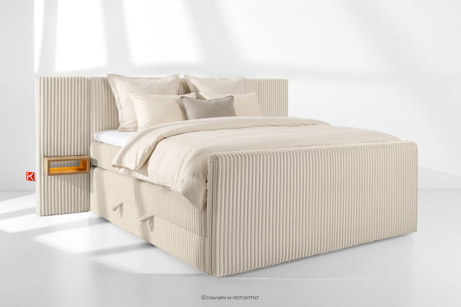 LILIUM PRO Boxspringbett mit LED-Nachttischen Doppelzimmer mittelhart 180 cm Doppelmatratze + HR-Topper Cordstoff beige beige - Foto 1
